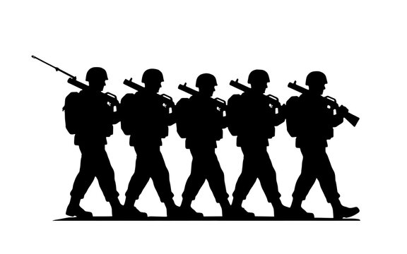Military soldiers walking in formation during training or parade in