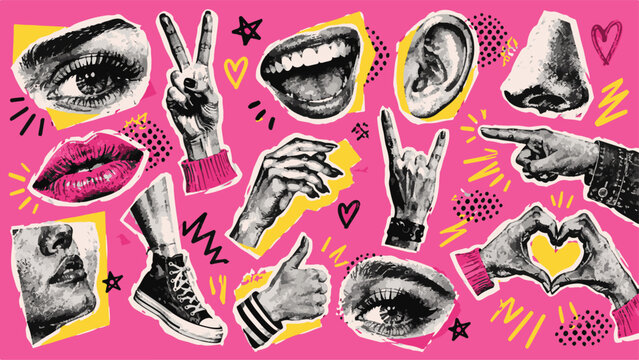 Y2K Retro Pop Art Collage of Expressive Hand Gestures, Lips, Eyes, Ear and Sneaker Cutouts with Yellow Accents on Pink Background