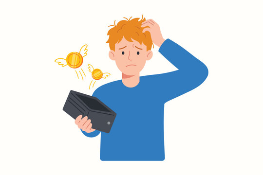 Broke and Confused Young Man Holding Empty Wallet Vector Illustration for Financial Crisis and Inflation Concept