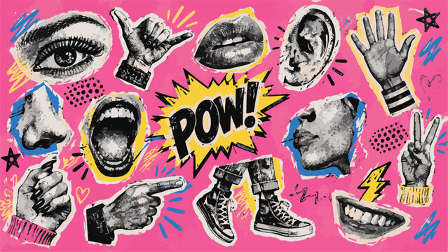Retro Comic Book Pop Art Collage with POW Explosion Lettering, Halftone Human Hands, Lips, Eyes, Facial Features and Sneakers on Pink Background