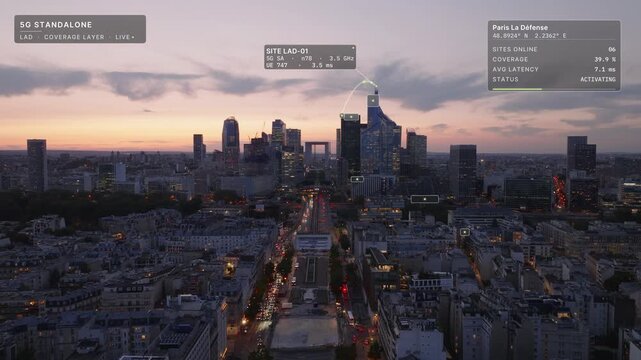 Aerial flight toward Paris La Defense at dusk: business district skyline and boulevard traffic under a pink sky with glass interface overlay, 5G coverage card and data arcs. Concept of 5G, IoT