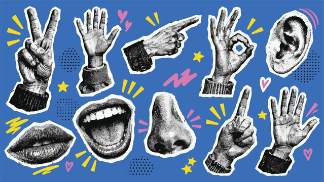Retro Pop Art Collage of Human Body Parts, Expressive Hand Gestures, Lips, Mouth, Nose and Ear in Black and White Halftone Newspaper Cutout Style, with Colorful Y2K Scrapbook Doodles