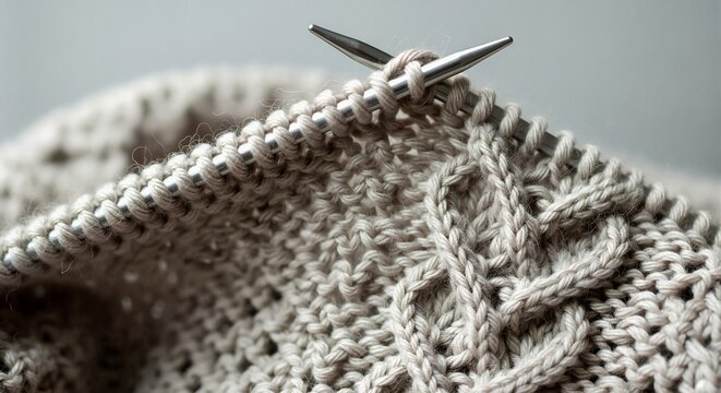 Knitting a cozy sweater with a cable knit pattern. Close-up of beige yarn and metal needles in a handmade craft project.