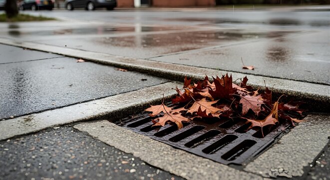 A pile of autumn leaves on a storm drain grate. Wet sidewalk and street on a rainy fall day in the city