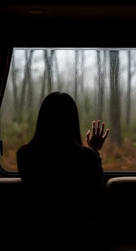 A lonely woman's silhouette looking out a rainy window. Vertical photo of a person's hand on the glass watching the forest. Sadness and travel concept