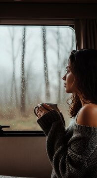 Woman with a coffee mug looking out a rainy window from a camper. Vertical portrait of a person in a cozy sweater enjoying a quiet moment. Travel and lifestyle concept