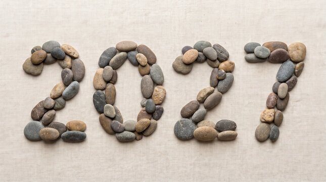 Pebbles arranged to form year number on neutral fabric background