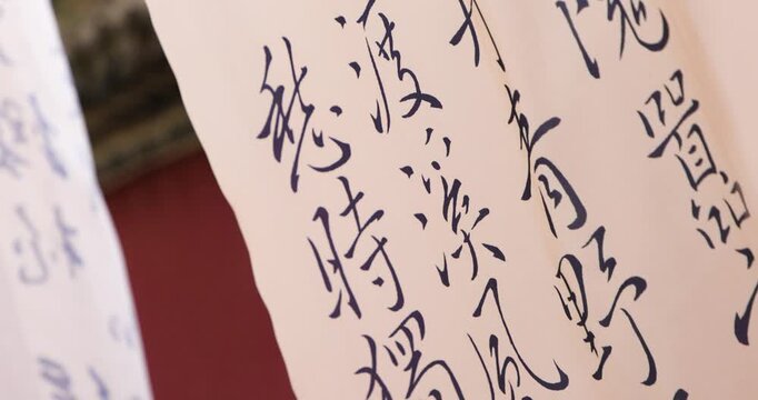 Close-up of Chinese Calligraphy with Black Brush Strokes on Paper