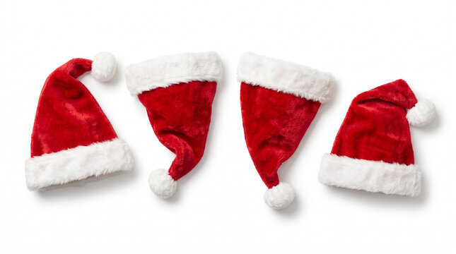 Santa hats in red and white plush fabric are arranged in a row against a plain white background for Christmas decor.