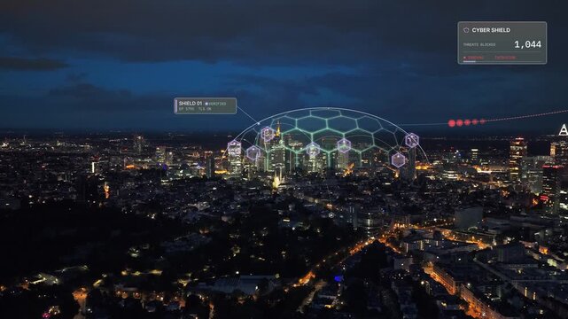 Aerial hover view of Frankfurt, Germany at night: distant bank tower skyline over the dark city with shield dome overlay, zero trust ground zones, threat counter. Concept of cyber security, fintech