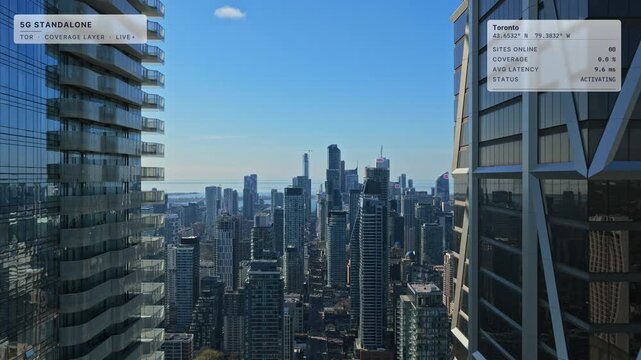 Aerial fly through reveal of Toronto on a sunny day: downtown skyline and CN Tower between two glass towers with glass interface overlay, 5G coverage card and signal arcs. Concept of 5G, connectivity