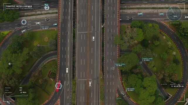 Ascending top down view of a cloverleaf highway interchange with flyovers in Jakarta Indonesia, cars, buses and motorbikes tracked by hexagon tags and speed labels, smart city traffic HUD overlay