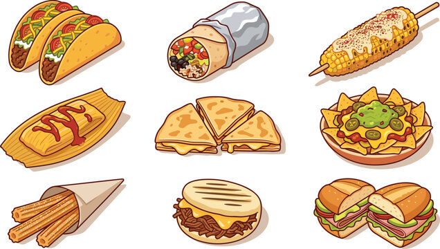 Mexican and Latin American Food Icon Set with Tacos, Burrito, Elote Corn, Tamale, Quesadilla, Nachos, Churros, Arepa, and Torta Sandwich Vector Graphics
