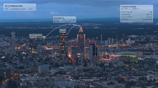 Aerial view of Frankfurt at blue hour: illuminated skyline around a pyramid top skyscraper with glass interface overlay, 5G coverage card and data arcs. Concept of 5G network, connectivity