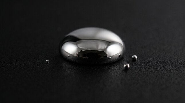 Mercury droplet resting on dark textured surface with tiny metallic spheres reflecting soft ambient studio lighting details