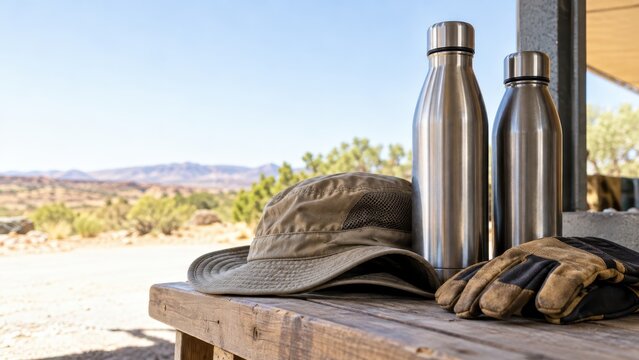 Insulated water bottles packed for an outdoor workday