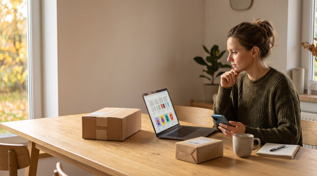 Acheteuse comparant des produits sur un ordinateur portable