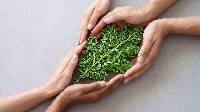 Mains r&eacute;unies tenant une poign&eacute;e d&rsquo;herbes vertes