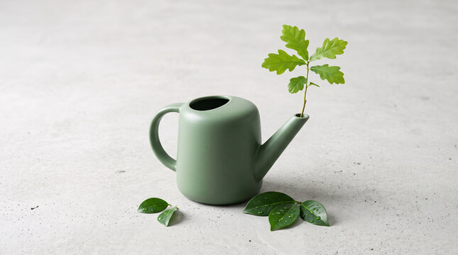 Arrosoir vert avec jeune pousse sur fond clair