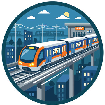 Modern train traveling on an elevated track in an urban setting