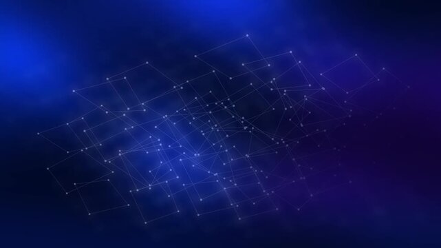 Abstract Network Animation With Connected Dots And Fine Geometric Lines Over A Dark Blue And Purple Background, Digital Connectivity, Data Communication, And Technology.
