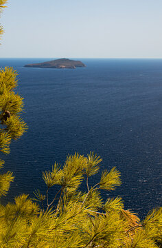 Balearic Islands, Spain: Tagomago (Illa de Tagomago), private rocky island in the Balearic Sea located off the northeastern coast of Ibiza, framed by the needles and cones of an Aleppo pine