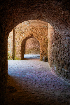 Ibiza, Balearic Islands, Spain: stone arch and underground tunnel in Dalt Vila, the historic walled old town of Ibiza, serving as secret passage through the 16th-century Renaissance fortifications