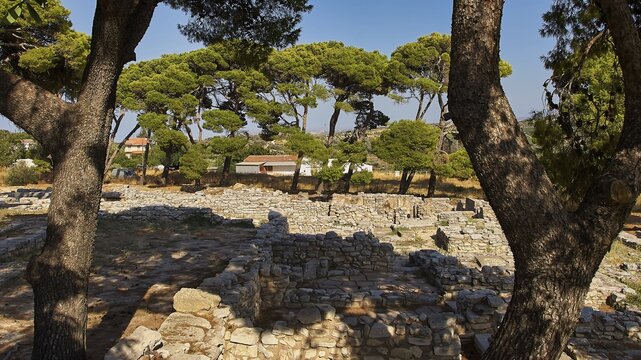 Greece, ancient ruins in the shade of trees, surrounded by natural landscape and historical elements, Gortyn, Gortyna, Gortys, ancient city in central southern Crete, later capital of the Roman province of Creta, Crete, Greek Islands, Greece