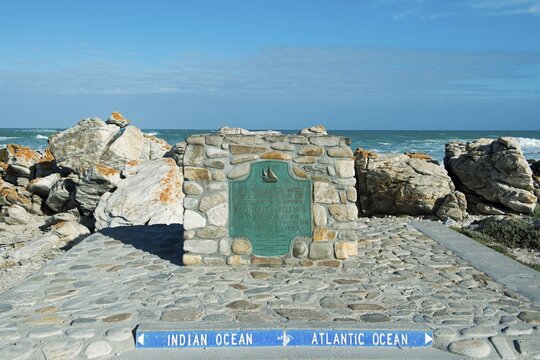 Marker at Cape Agulhas, confluence of Indian Ocean and Atlantic, southernmost point of Africa, Western Cape, South Africa