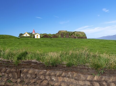 Church and peat farmstead or peat museum Glaumbaer or Glaumb&aelig;r, Skagafj&ouml;r&eth;ur, Nor&eth;urland vestra, Iceland