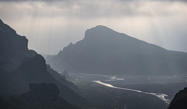 View of &THORN;&oacute;rsm&ouml;rk from Fimmv&ouml;r&eth;uh&aacute;ls hiking trail, barren volcanic landscape and river valley, &THORN;&oacute;rsm&ouml;rk Nature Reserve, Su&eth;urland, Iceland
