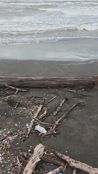 Plastic bottles, shotgun shells and other debris scatter across a dark sandy beach as waves wash the polluted shoreline under a low, cloudy sky, highlighting coastal plastic pollution crisis