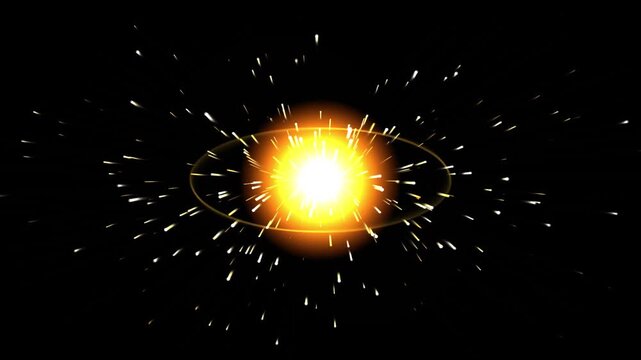 Abstract glowing golden energy core with rotating orbital ring and particle eruption on black background