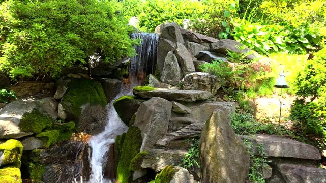 A gentle rightward pan reveals plants beside a garden waterfall in 4K video.