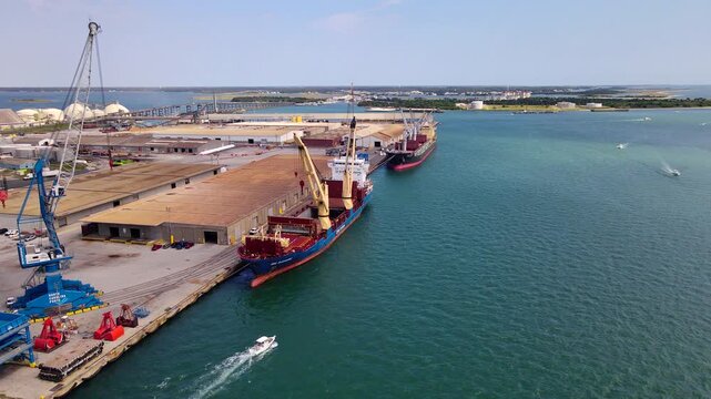 Cargo ships line the quay beside long warehouses at Morehead City port.