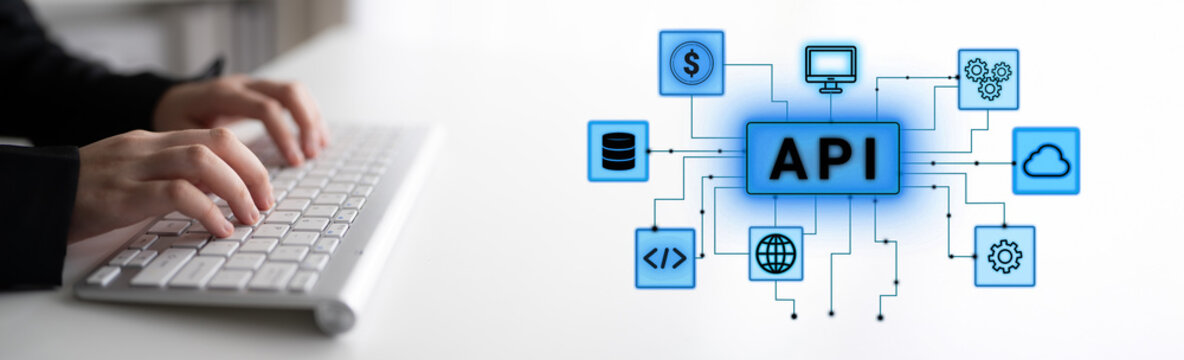 Hand Typing on Keyboard with API Graphic Interface Showcasing Data Connections and Technology Concepts for Software Development and Digital Integration. Entropy.