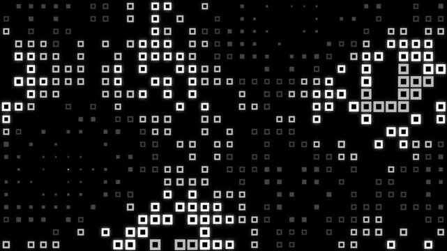 Abstract digital grid background, with pulsing white, glowing squares and, data flow animation