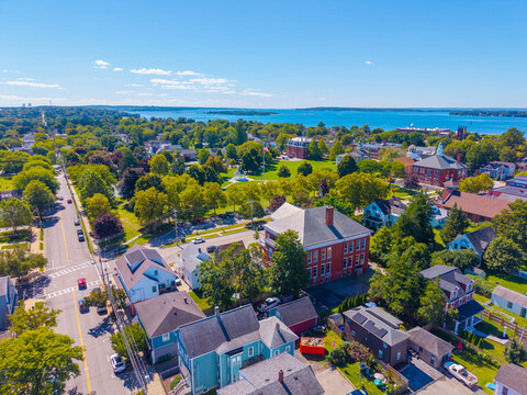 Bristol town common aerial view including Bristol State House (Courhouse), Stone Chapel, First Baptist Church in historic town center of Bristol, Rhode Island RI, USA. 