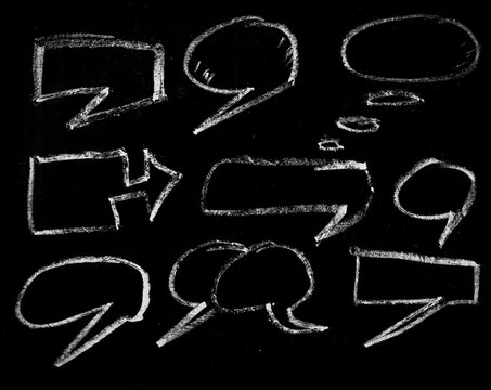 Hand drawn white chalk speech bubbles set on black background illustration