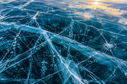 Close up view of cracked frozen lake surface with deep blue ice patterns and white fractures, sunlight reflecting on winter water. Winter landscape, nature background, cold climate