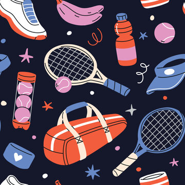 Seamless tenniscore pattern with colorful tennis rackets, balls, sports bags, sneakers, visors, water bottles  on a dark background. Flat  doodle vector design for fabric, wallpaper