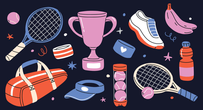 Cute tennis equipment set featuring rackets, tennis balls, sports bag, sneakers, visor, water bottle, ball tube and trophy. Flat  doodle vector illustrations for tenniscore, sports lifestyle 