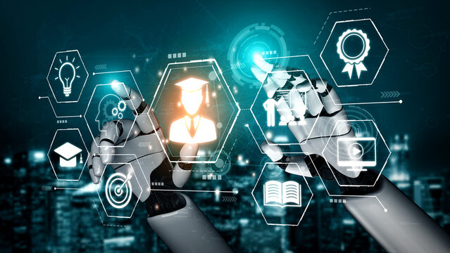 Futuristic Robot Hand Interacting with Digital Interface for Education and Technology Learning Concepts. Bitwise.