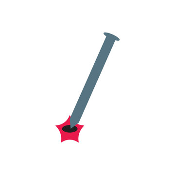 Minimalist flat vector icon of a grey iron nail piercing through a surface, creating a red hole splash effect, isolated on white background.