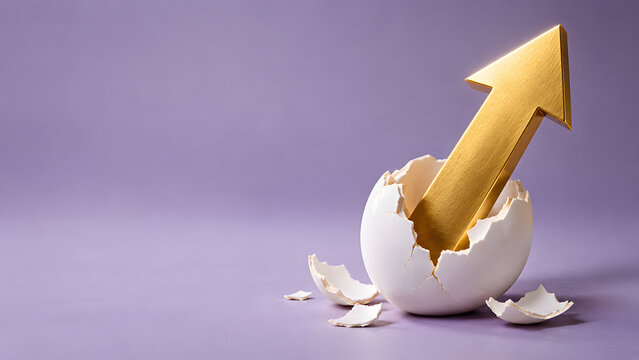 Golden arrow emerging from a cracked eggshell on a purple background symbolizing growth new beginnings and success