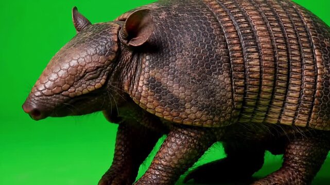 Armadillo walking slowly across bright green background in studio setting capturing detailed textured armor plates