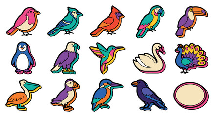 Fototapeta premium Colorful cartoon bird icons and stickers set featuring parrot penguin toucan swan hummingbird peacock pelican and cardinal in vibrant graphic outline style