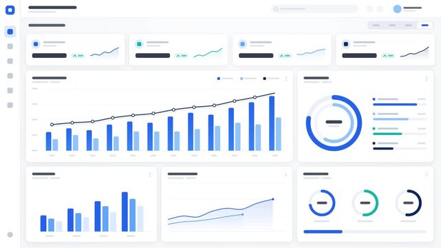 Modern annual business performance dashboard animation with ascending bar charts, smooth line graph, circular progress indicators and KPI cards on white background, seamless loop