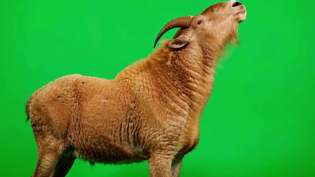 Golden takin standing against vibrant green screen backdrop while raising its head up and roaring loudly