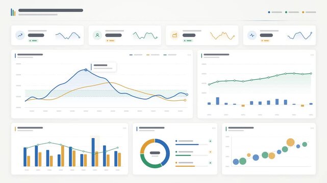 Economic indicators infographic motion graphics with animated inflation curves, employment trend graphs, production bars and activity charts in blue, green and amber on a light background, loop